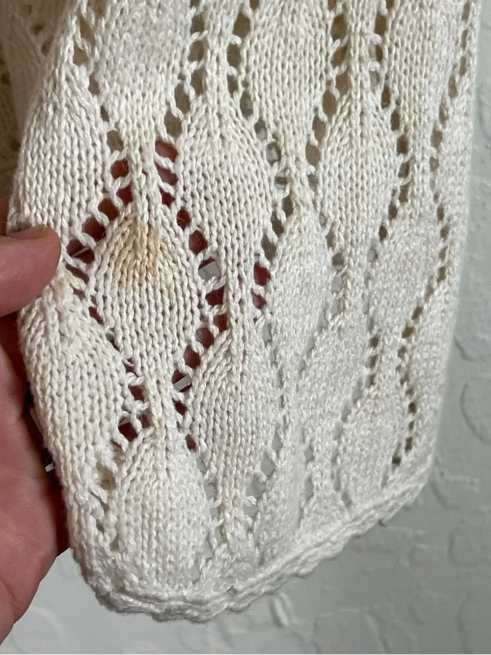 Vintage White Stag Cotton Ramie Crochet Knit Open Front Long Cardigan Small Pet